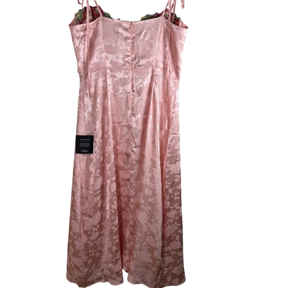Lulus Pink Satin Floral Midi Dress Embroidered Large NWT Wedding Y2K Fairy - Picture 13 of 15
